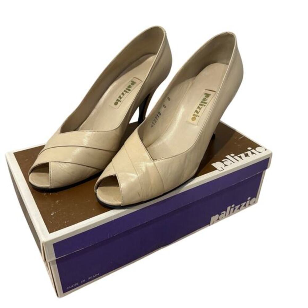 Vintage 90s Palizzio Peep Toe Leather Heels Cream Womens 8 Made in‎ Spain w/Box